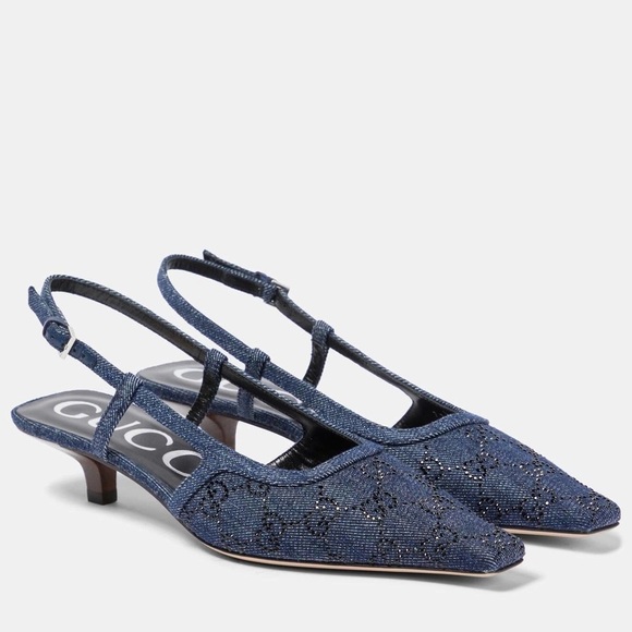 Gucci GG Embellished Denim Slingback Kitten Heel Pumps 36.5 - Picture 1 of 7